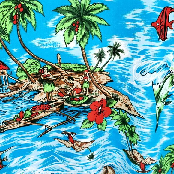 Vtg Van Cort Hawaiian Shirt Men's L? Short Sleeve Blue White Fish Island Print - Picture 6 of 7